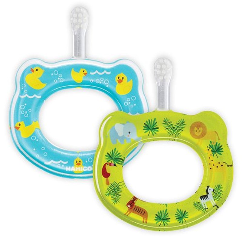 HAMICO Baby Toothbrush Gift Set Gentle, Extra-Soft Bristles for Baby’s First Toothbrush | Easy Grasp-No Overreach Infant Toothbrush | BPA Free | 2-Pack: Rubber Ducks & Jungle Animals