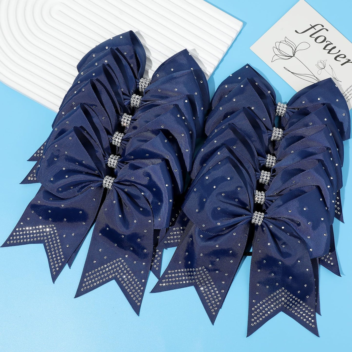 CEELGON Large Rhinestones Cheer Bows, 12 PCS Glitter 7" Cheer Bows Ponytail Holder for Cheerleaders Girls Softball Sports Competition, Navy with Full Rhinestone