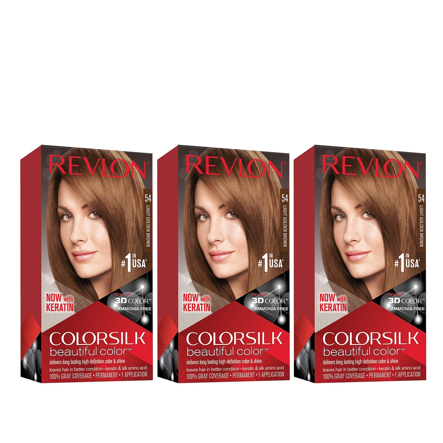 Revlon Colorsilk Beautiful Color, Permanent Hair Dye with Keratin, 100% Gray Coverage, Ammonia Free, 53 Light Golden Brown (Pack of 3)