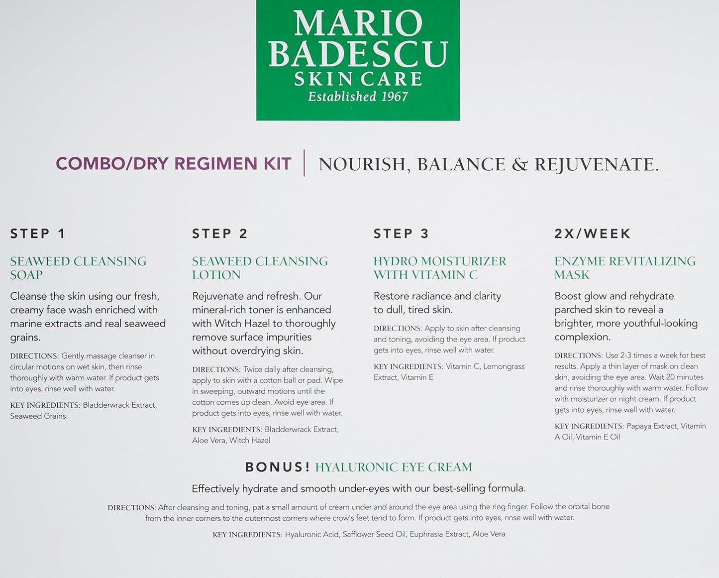 Mario Badescu Combo/Dry Regimen 5 Piece Kit, Skincare Gift Set Includes Seaweed Cleansing Soap, Seaweed Cleansing Lotion, Hydro Moisturizer, Enzyme Revitalizing Mask, and Hyaluronic Eye Cream