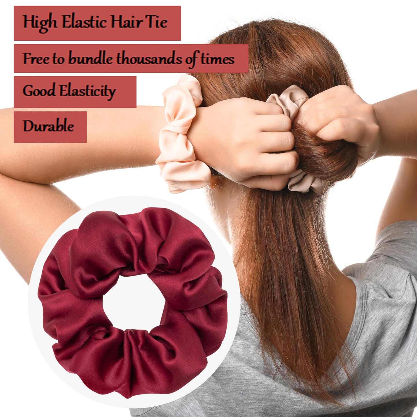 MurierSilk Mulberry Silk Hair Scrunchies, Elastic Ponytail Holders & Hair Wraps for Women - 100% Pure Silk Prevents Frizz & Breakage (Red)