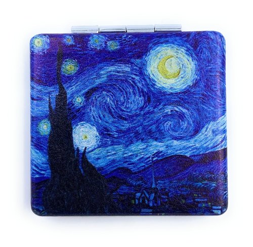 Aeisage Compact Mirror Square Starry Night Van Gogh Pocket Mirror for Men Small Travel Mirror Magnifying Purse Mirror Compact with Art Print