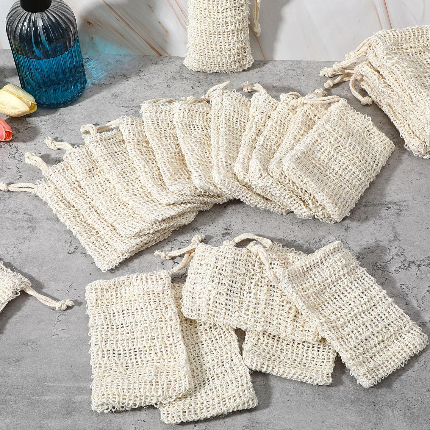 SHENLIU 50 Pack Soap Bags with Drawstring, Mesh Exfoliating Soap Saver Bag Sisal Soaps Pouch Bar Foaming and Drying Exfoliating Net for Bath Shower Massaging Scrubbing (5.3 × 3.7inch)