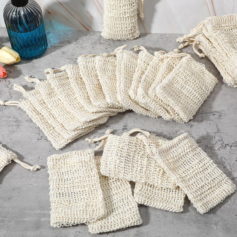 SHENLIU 50 Pack Soap Bags with Drawstring, Mesh Exfoliating Soap Saver Bag Sisal Soaps Pouch Bar Foaming and Drying Exfoliating Net for Bath Shower Massaging Scrubbing (5.3 × 3.7inch)