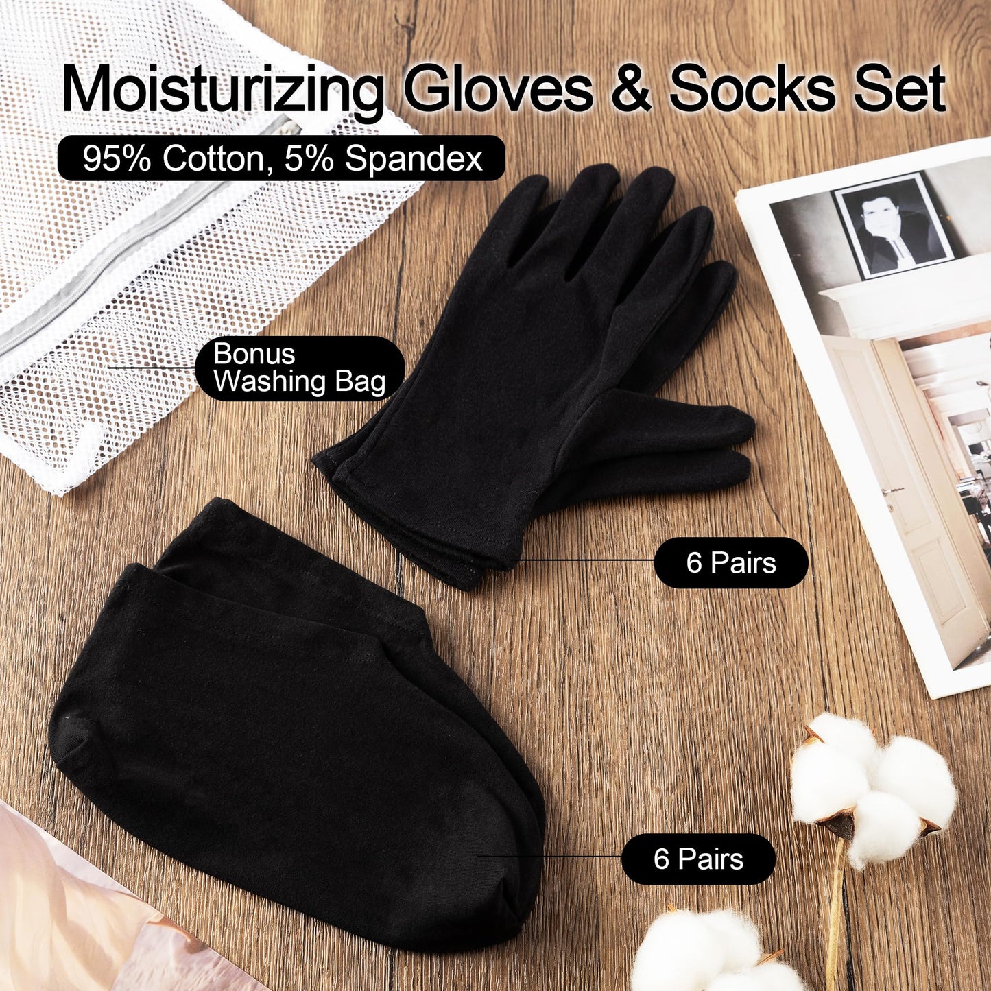 BESSLEE 12 Pairs Cotton Moisturizing Gloves and Socks Set, Loose-fit, Black