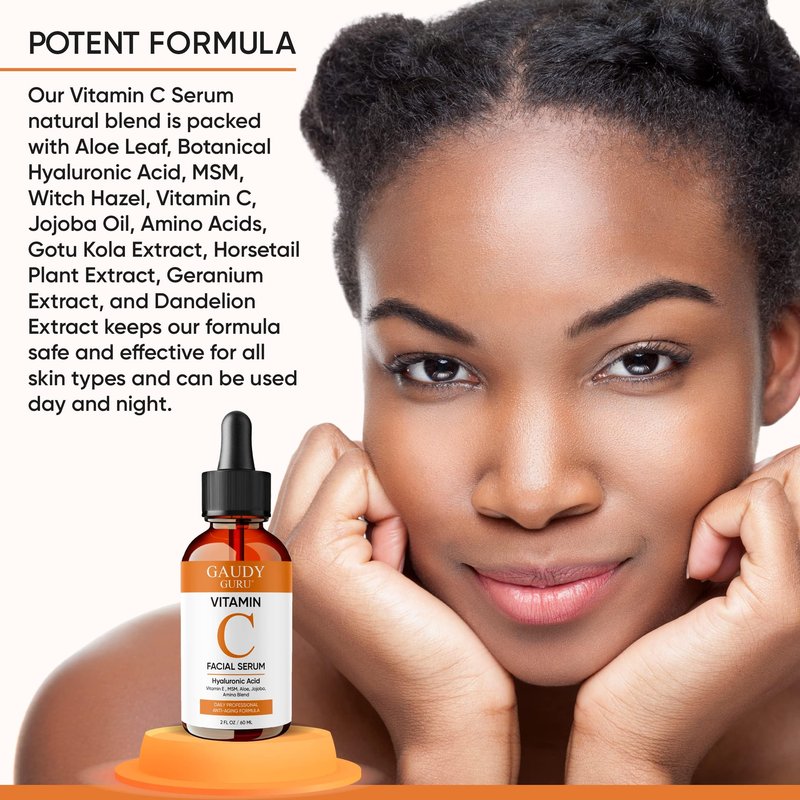 100% PURE VITAMIN C SERUM FOR FACE, Anti Aging Serum with Hyaluronic Acid, Vitamin E, MSM, Hydrating Serum for Dark Spots, Fine Lines, Wrinkles, Organic Vegan Ingredients - DOUBLE SIZED (2 OZ)