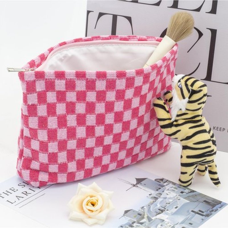PAZIMIIK Knit Checkered Makeup Bag Large Zipper Make Up Accessory Pouch for Purse Cosmetic Brush Bag for Travel Essential,Hotpink