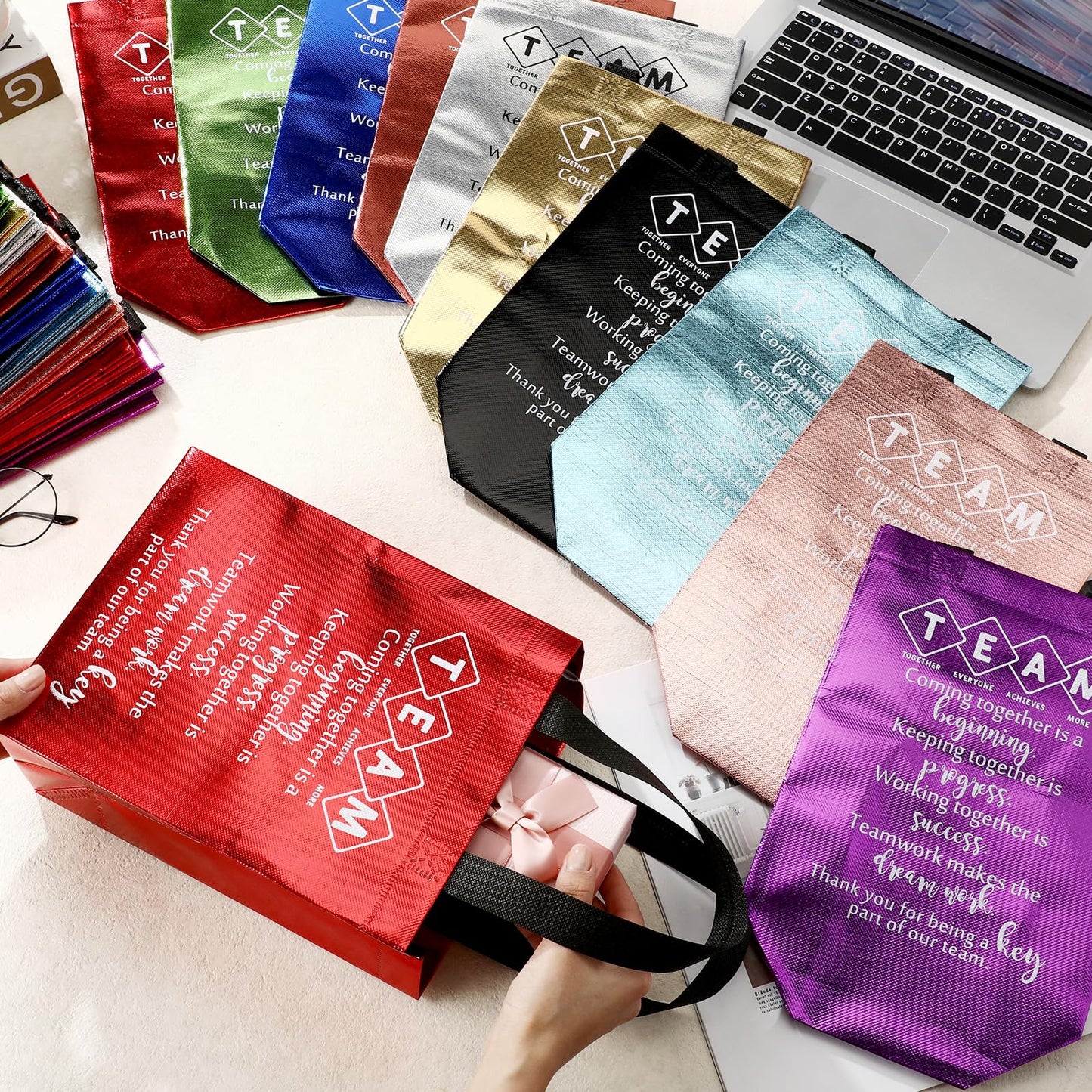 Sweetude Team Employee Appreciation Gifts Bags Reusable with Handles Gift Bags Teacher Appreciation Gift Bag for Staff Office Coworker Team Building(10 Colors,50pcs)