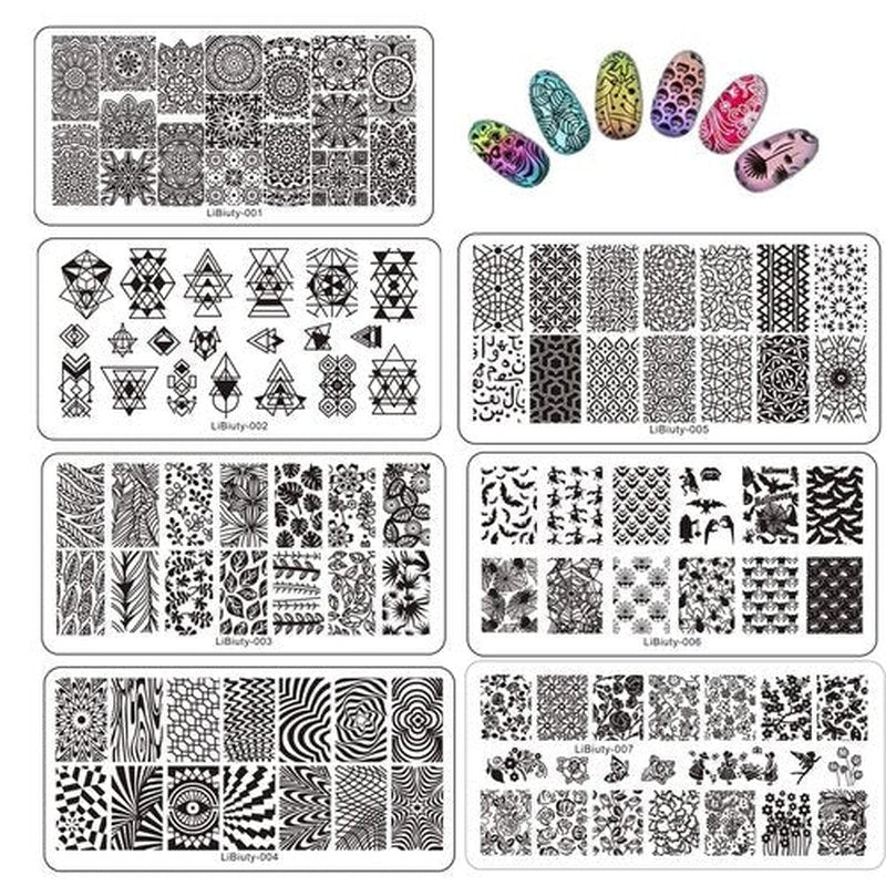 LiBiuty 15Pcs Nail Stamp Plates set 1 Stamper 1Scraper 1Storage Bag Nail Templates Lace Flower Geometric Animal Pattern Nail Art Plate Scraper Stamper Set