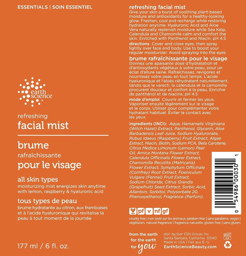EARTH SCIENCE Refreshing Facial Mist, 177 ML