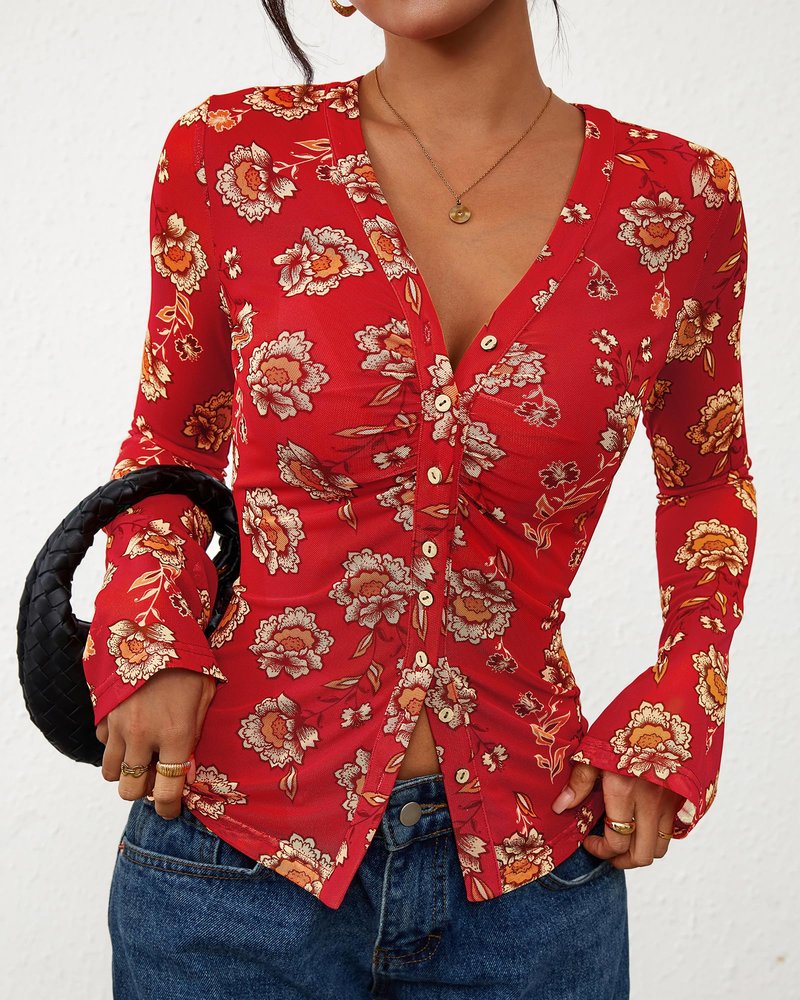BTFBM Button Down Shirts for Women 2026 Fall Boho Tops V Neck Long Sleeve Blouses Ruched Mesh Fitted Fashion Clothing(Red, Medium)