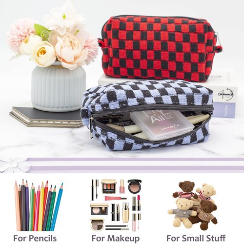 PAZIMIIK Checkered Makeup Bag for Purse Portable Zipper Make Up Pouch Small Cosmetic Case for Travel Accessories (Blue Black)