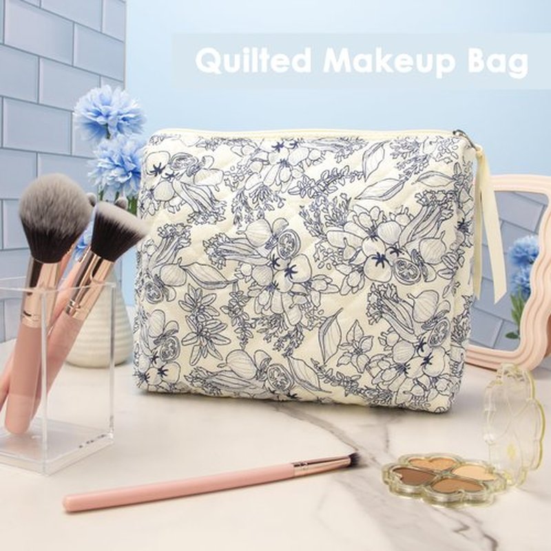 PAZIMIIK Cotton Makeup Bag for Women Large Quilted Travel Cosmetic Pouch Girls' Make Up Organizer,Flower White