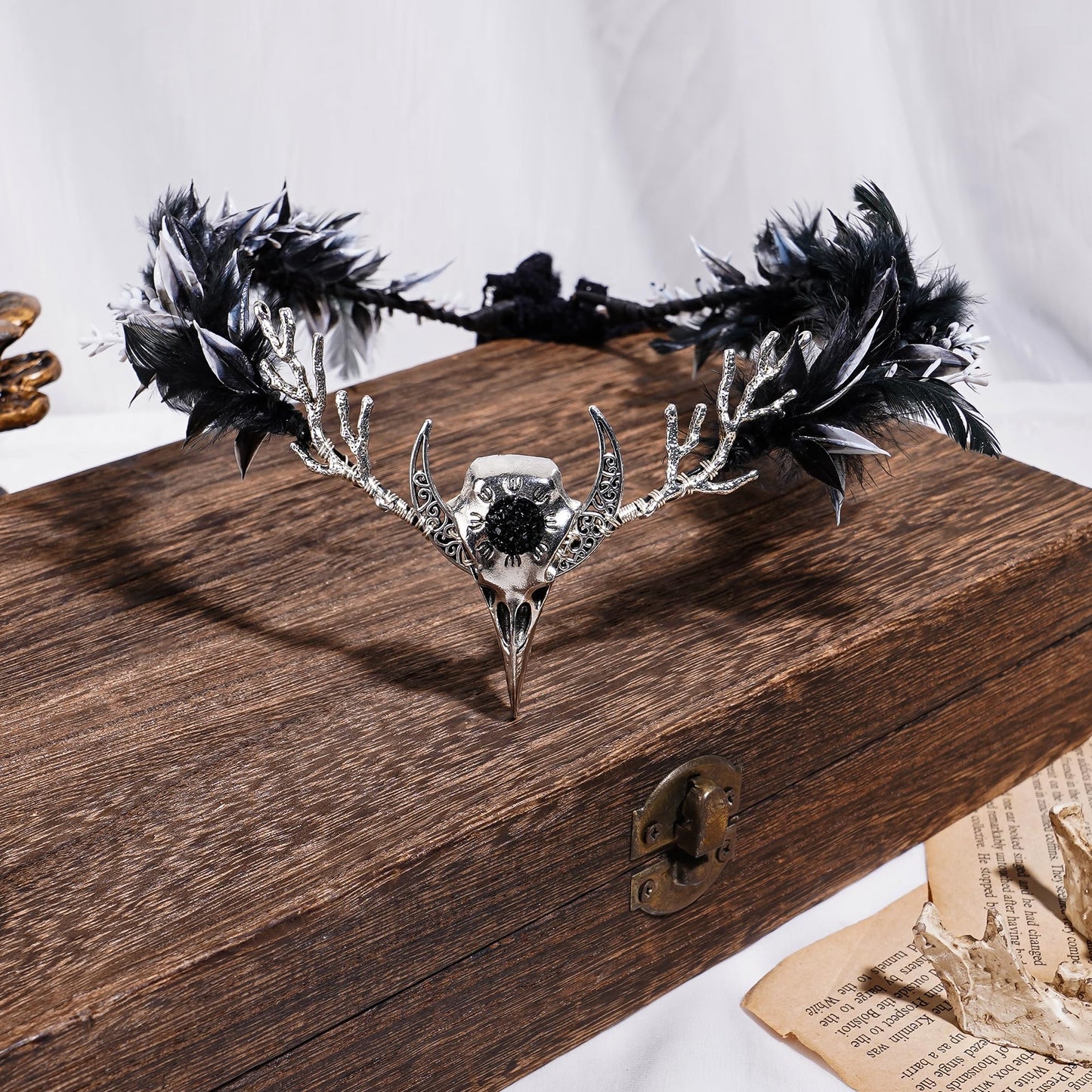 MOSTORY Handmade Black Raven Feather Crown - Gothic Elf Circlet with Raven Skull Dark Moon Tiara for Women Girls Halloween Cosplay Renaissance Wedding Witch Sorcerer Photo Shoot