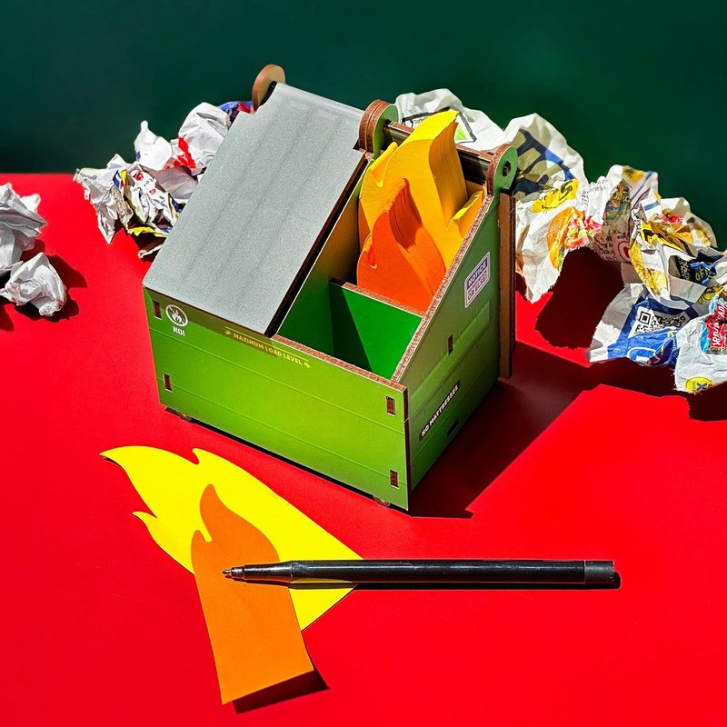 Genuine Fred Desk Dumpster Pencil Holder - Funny 3-Compartment Organizer with 100+ Flame Note Cards for Office or Home