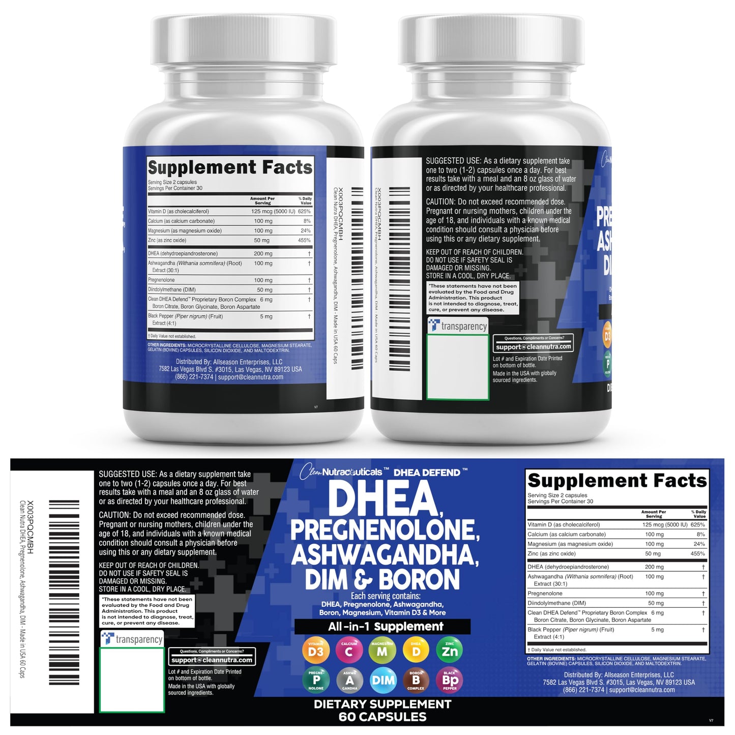 DHEA 200mg Supplement Pregnenolone 100mg for Men & Women with DIM Ashwagandha Boron 6mg Complex Calcium Magnesium Zinc 50mg Vitamin D3 5000 IU Hormone Support Capsules Pills Made in USA 60 Count
