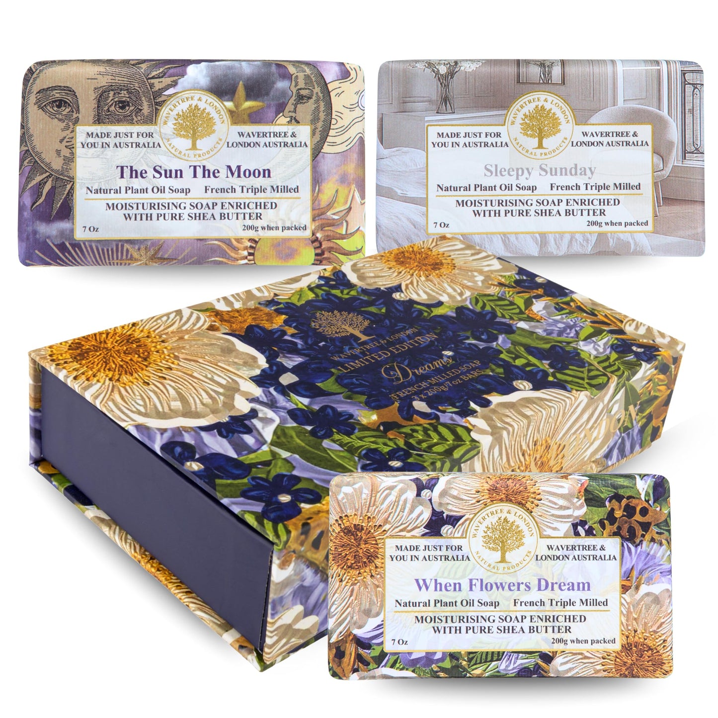 Wavertree & London Dreams Bar Soap Gift Set, 3 Pack Australian Triple Milled Natural Bar Soap with Organic Shea Butter & Essential Oils, Moisturizing Plant-Based Bath & Body Soap Bars for Women & Men
