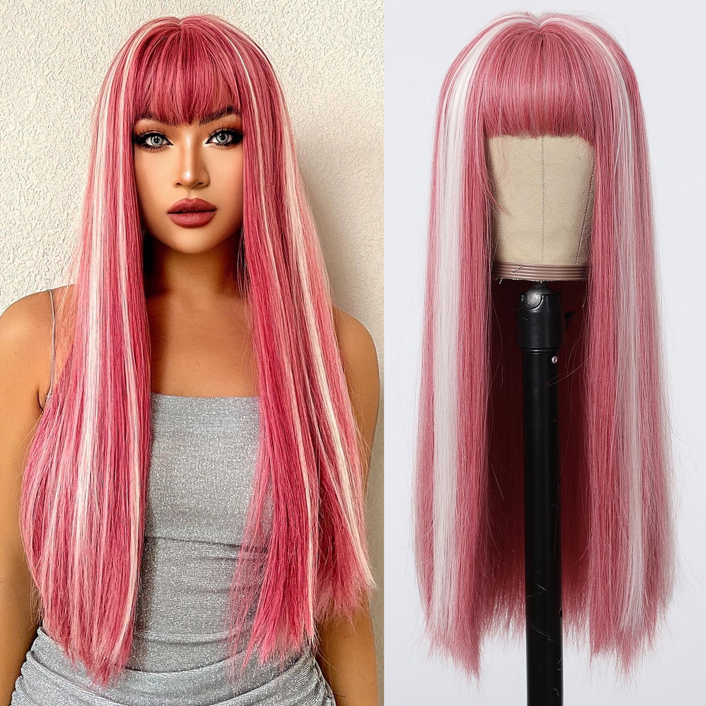 testar Pink Wigs for White Women Long Straight Wigs With Bangs Natural Looking Heat Resistant Fiber Synthetic Wigs for Any Occasion Use 26IN