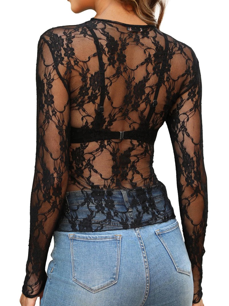 OFEEFAN Womens Tops Women's Clothing Black Lace Tops for Women Summer Business Casual OutfitsCountry Concert Western Outfit Fall Fashion 2026 Long Sleeve ShirtsSexy See Through Blouse Clothes S