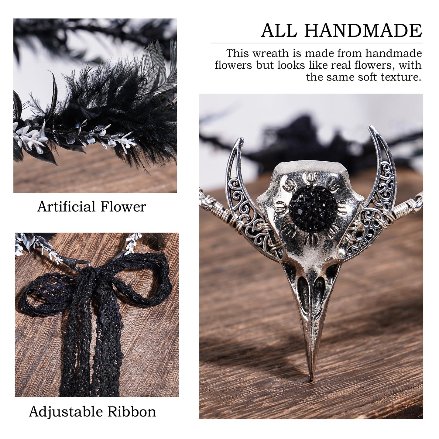 MOSTORY Handmade Black Raven Feather Crown - Gothic Elf Circlet with Raven Skull Dark Moon Tiara for Women Girls Halloween Cosplay Renaissance Wedding Witch Sorcerer Photo Shoot