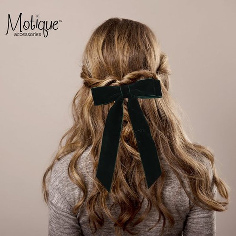 6 inch Hair Bow Velvet Hair Clip with Tails (Hunter Green)