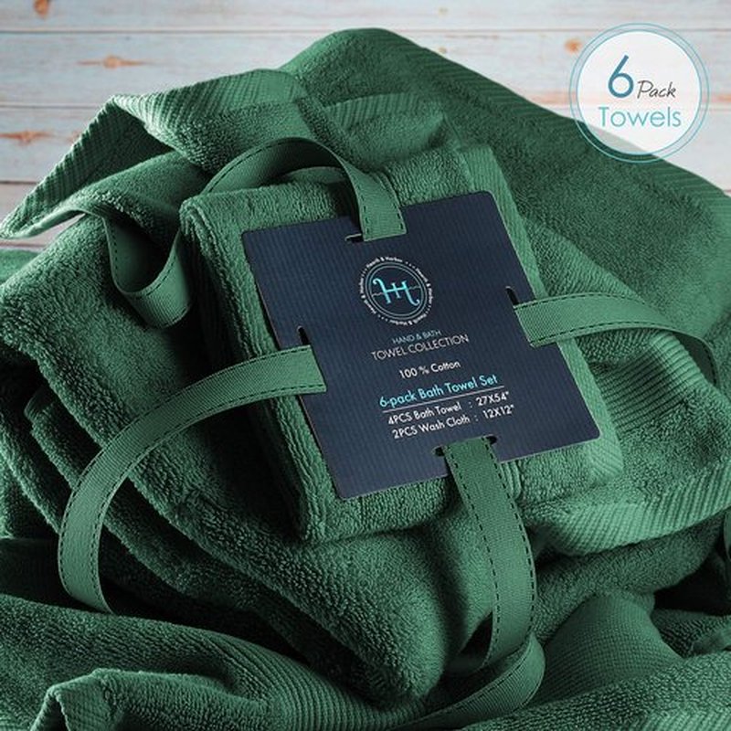 Hearth & Harbor Bath Towels for Bathroom - 100% Ring Spun Cotton Luxury Bathroom Towels - Ultra Soft & Highly Absorbent Bath Towels Set, 6 Piece Set (4 Bath Towels, 2 Washcloths) - Hunter Green