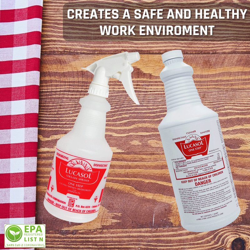 Lucasol One Step Disinfectant, 32 Fl Oz Disinfectant & 24 Oz Empty Refillable Spray Bottle Combo. Multi Purpose Cleaner Spray For Hospitals, Schools, Salons, Household Cleaning And More