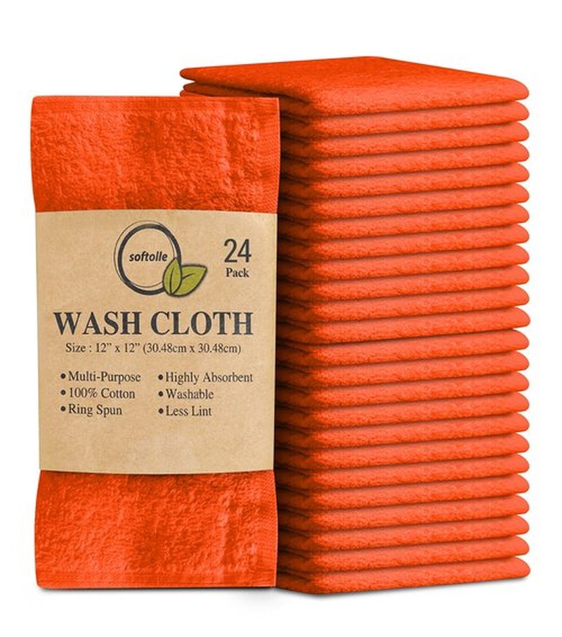 Softolle 100% Cotton Ring Spun Wash Cloths – Bulk Pack of Washcloths – 12x12 Inches – Wash Cloth for Face, Highly Absorbent, Soft and Face Towels (Orange, 24 Pack)