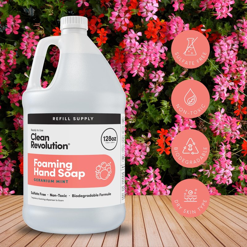 Clean Revolution Foaming Hand Soap Refill with Real Essential Oils, Moisturizing Sulfate-Free Hand Soap, Ready-to-Use Foam Soap Refill for Kitchen & Bathroom (Geranium Mint) 128 Fl Oz, 4 Pack
