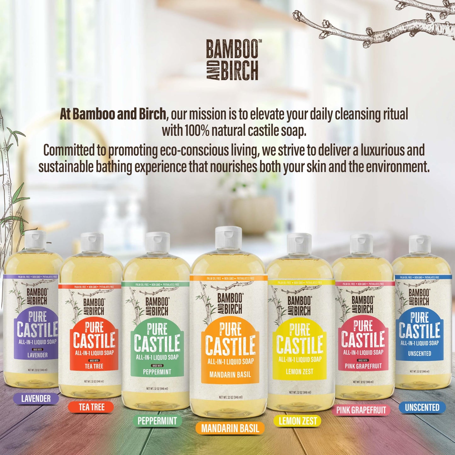 BAMBOO AND BIRCH Pure Castile Soap Liquid, Mandarin Basil, 32 oz