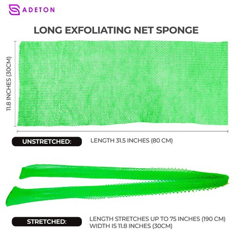 Adeton Sapo African Net Sponge, Exfoliating Body Scrubber, Body Exfoliator, Long Net Sponge, 17 Colors, Shower Bath Accessories, Back Foot Scalp Scrub, Flat Dead Skin Remover Body Wash (Green)