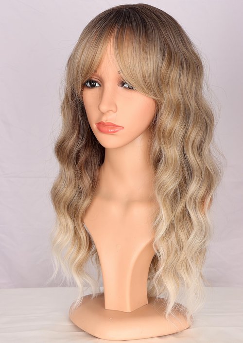 SYMEIW Ombre Dirty Blonde Wavy Wigs With Bangs For Women Medium Long Ash Blonde Wigs Synthetic Blonde Hair Replacement Wigs Daily Use Wigs 18 Inch (Dirty Blonde)