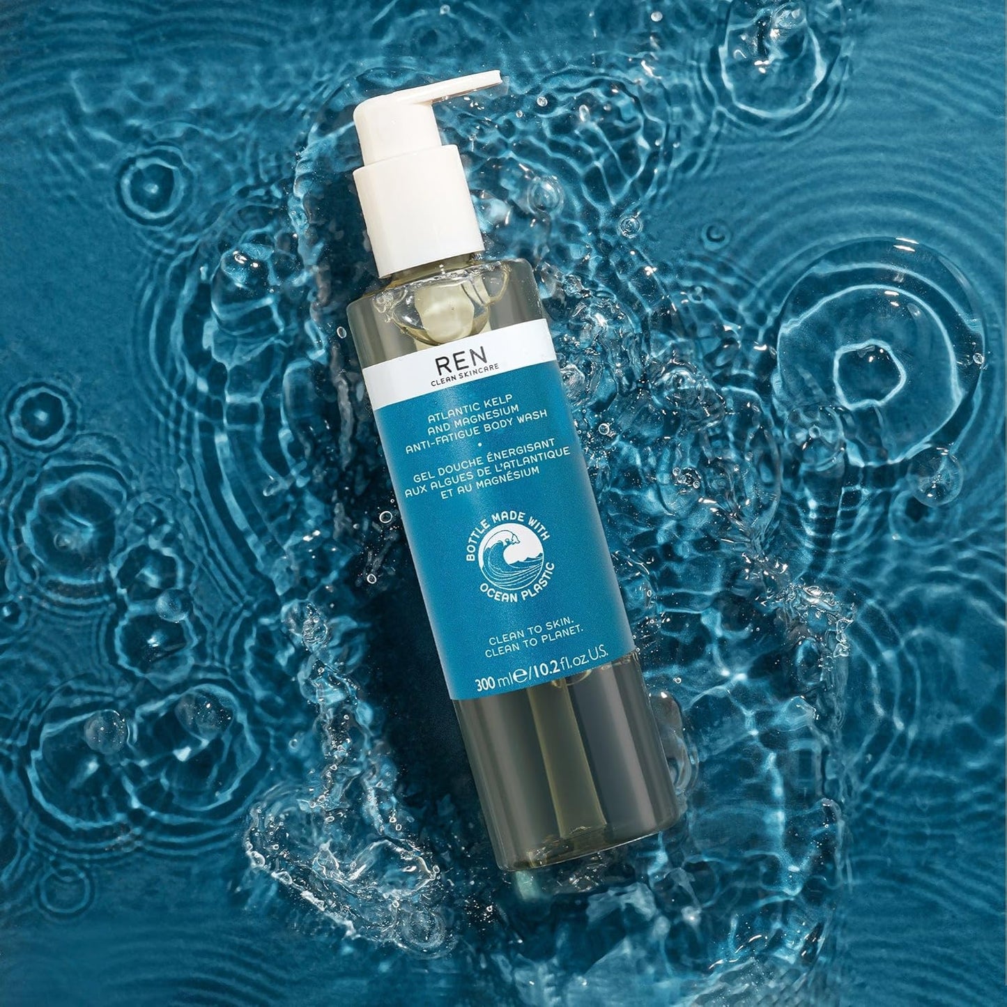 REN Clean Skincare - Atlantic Kelp and Magnesium Anti-Fatigue Body Wash - Energizing Vegan Body Wash with Natural Essential Oils in Recycled Ocean Plastic Bottle, 10.2 Fl Oz