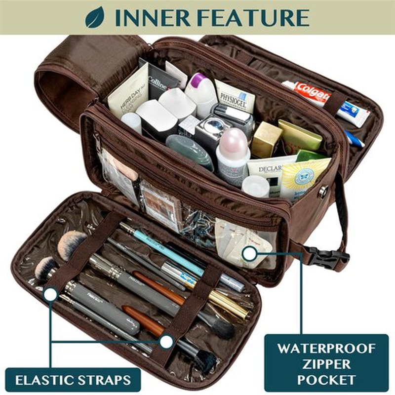 PAVILIA Large Toiletry Bag for Men Women, Mens Travel Bag Toiletries Organizer Case for Grooming, Travel Essentials Shaving Dopp Kit, PU Leather Water Resistant Cosmetic Pouch, Dark Brown