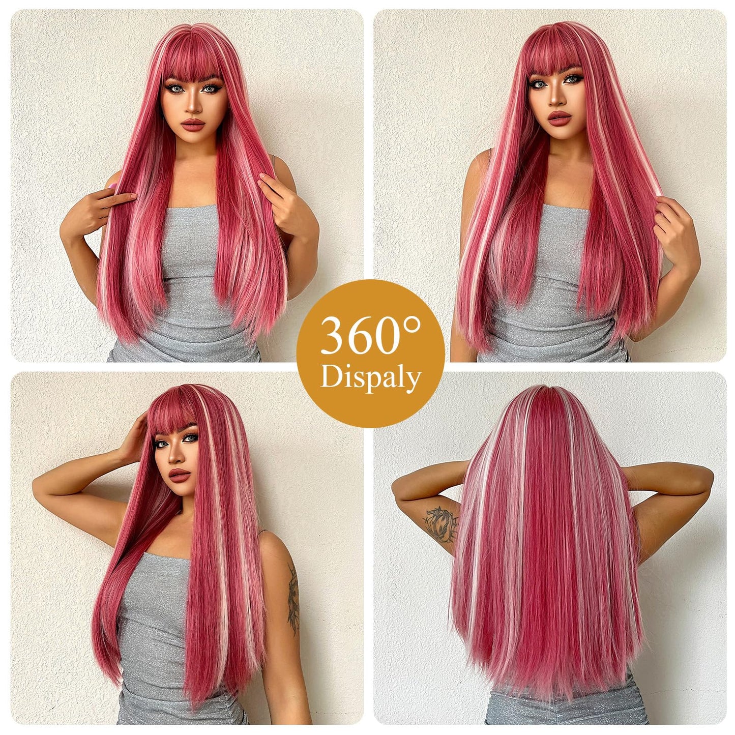 testar Pink Wigs for White Women Long Straight Wigs With Bangs Natural Looking Heat Resistant Fiber Synthetic Wigs for Any Occasion Use 26IN