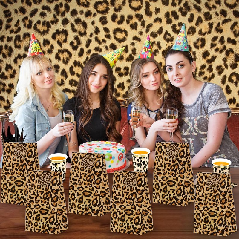 24PCS Cheetah Print Goodie Bags Leopard Print Gift with Stickers -Wild Life Animal Themed Birthday Party Favor, Leopard Print Paper Treat Bags for Party Decoration Supplies (24-Leopard-bags)