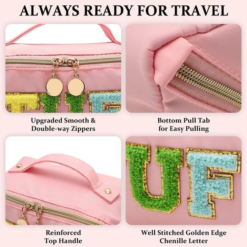 LONEDREAM Stoney Clover Preppy Makeup Bag, Large Capacity Travel Cosmetic Bag, Chenille Letter Open Flat Nylon Stuff Makeup Bag, Preppy Patch Better Belt Everything Makeup Bag, Pink