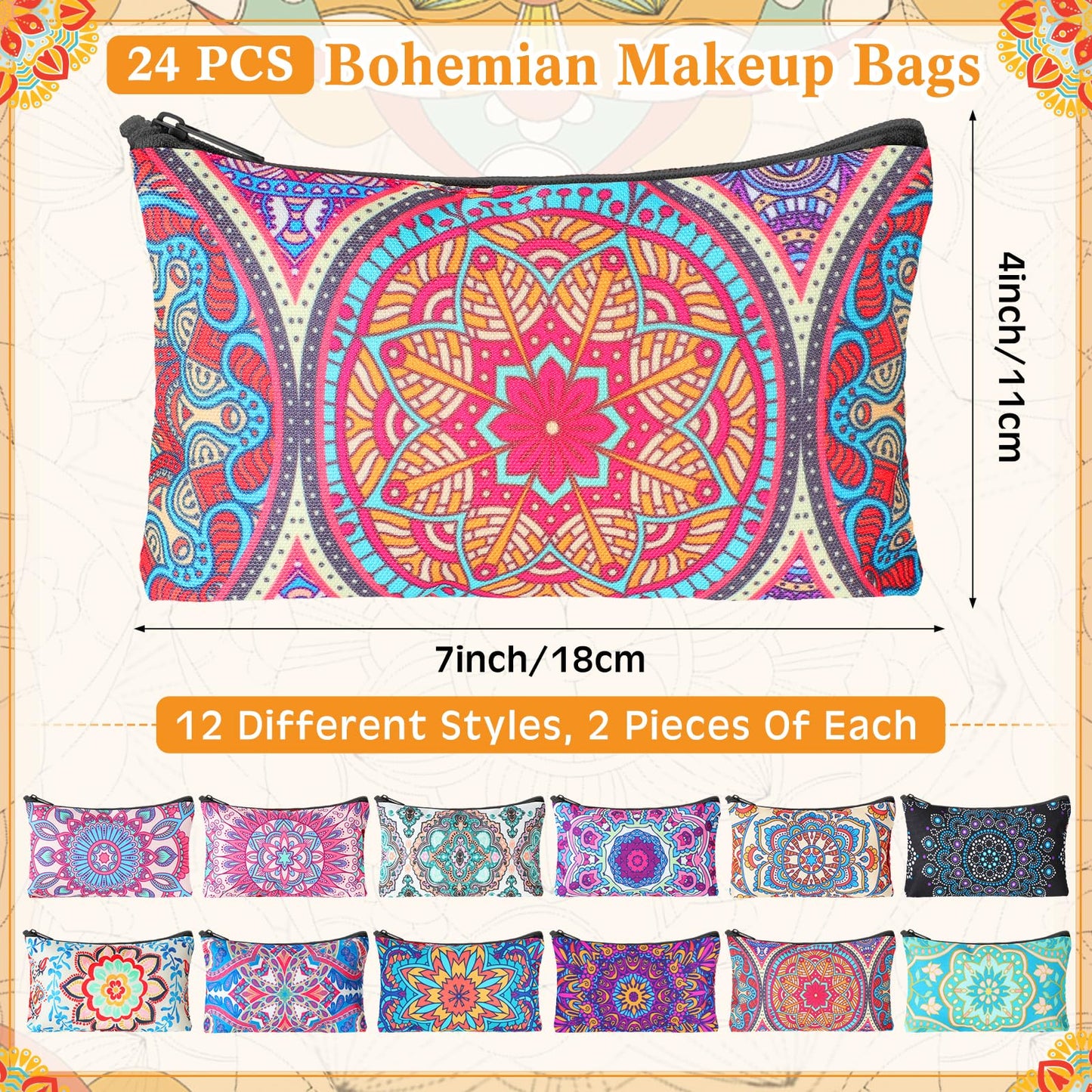 SilTriangle 24 Pieces Makeup Bags Bulk Canvas Cosmetic Bags Purse Organizer Zipper Cosmetic Pouch Portable Travel Toiletry Pouch for Women Men Gifts, 7 x 4 Inch (Mandala)
