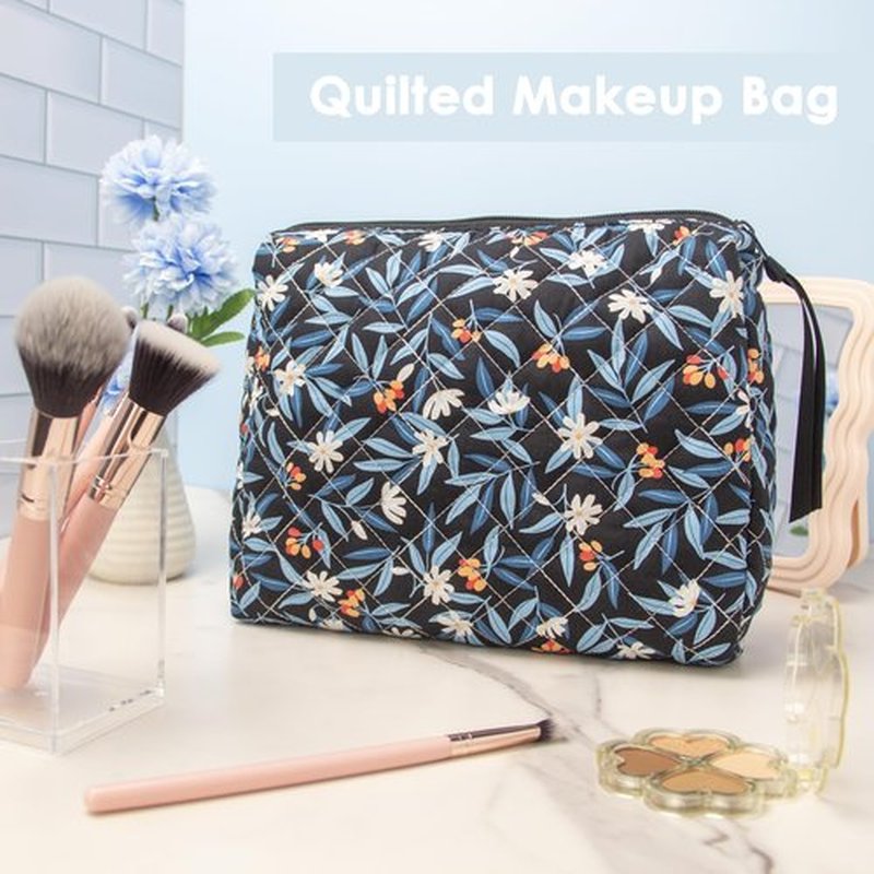PAZIMIIK Cotton Makeup Bag for Women Large Quilted Travel Cosmetic Pouch Girls' Make Up Organizer,Leaf Black