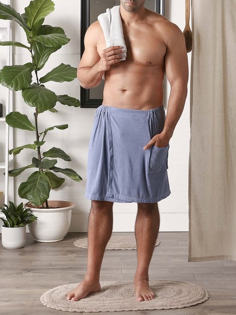 DII Men's Terry Shower Wrap Collection Adjustable with Velcro and Pocket, 54x20, Stonewash Blue