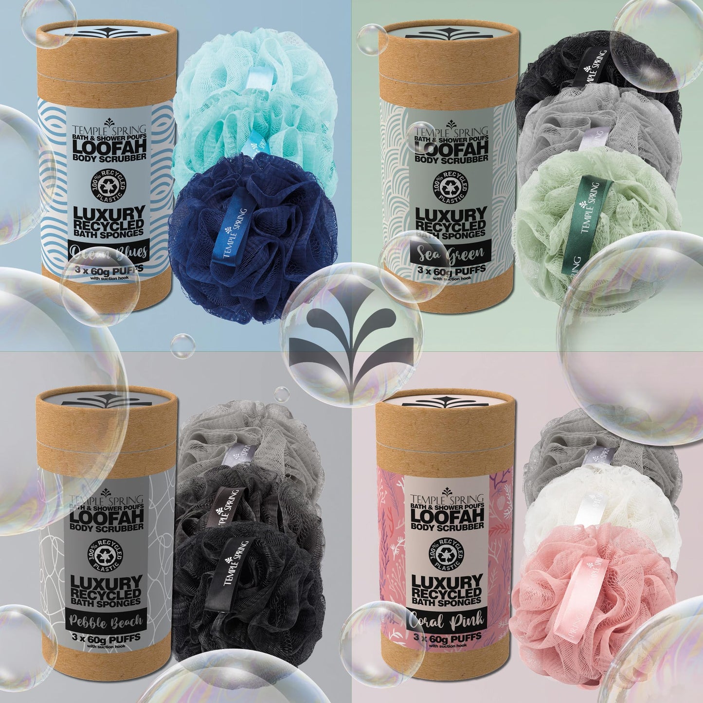 Temple Spring Soft Mesh Shower Loofah Sponge 3-Pack (60g Each) — Gentle Exfoliating Body Scrubber for Rich Lather & Smooth Skin, Bath Sponge for Women & Men, 100% Recycled Materials with Suction Hook