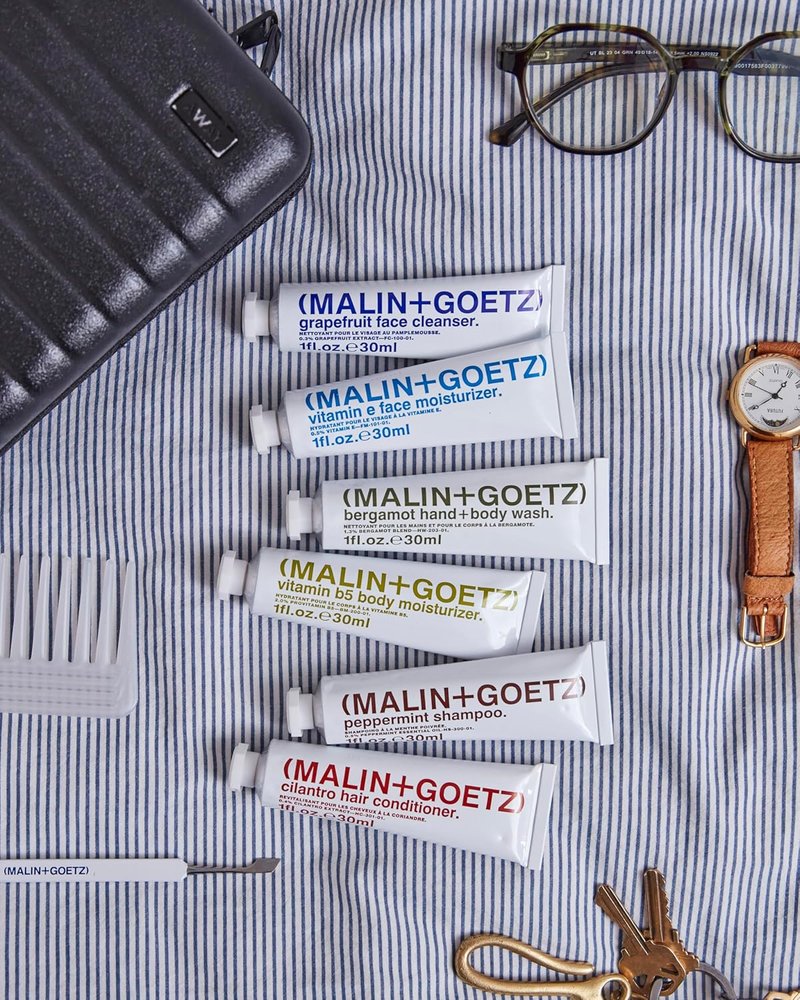 MALIN+GOETZ Travel Kit - Six Vegan Essentials for Face, Body & Hair | Grapefruit Cleanser, Vitamin E Moisturizer, Peppermint Shampoo | 6 x 1 oz
