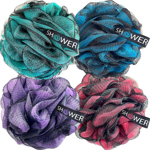 SHOWER BOUQUET Loofah-Charcoal Bath-Sponge-Color-Set XL-75g Extra Large 4 Pack, Soft Mesh Black Loufa Puff - Exfoliating Body Scrubber for Women and Men: Soothing Face & Body Exfoliator