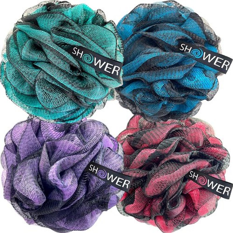 SHOWER BOUQUET Loofah-Charcoal Bath-Sponge-Color-Set XL-75g Extra Large 4 Pack, Soft Mesh Black Loufa Puff - Exfoliating Body Scrubber for Women and Men: Soothing Face & Body Exfoliator