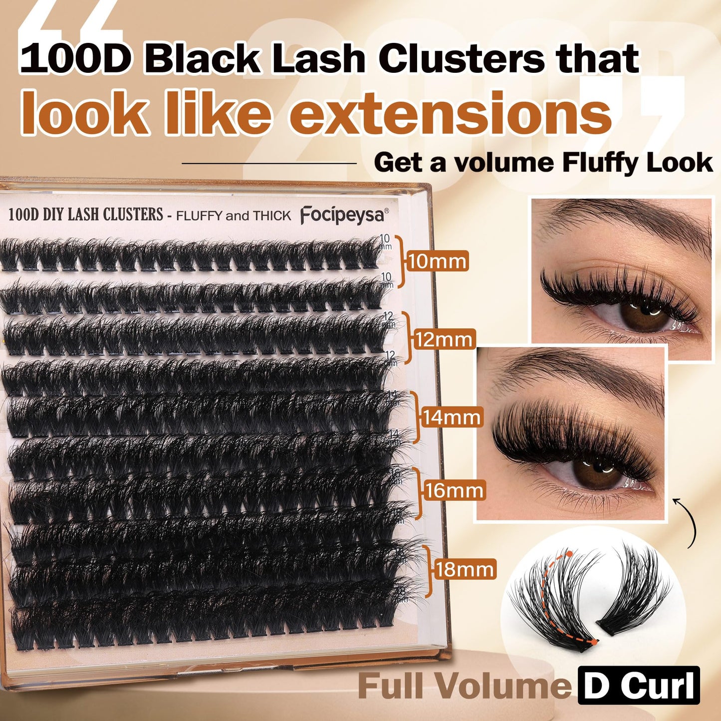Fluffy Eyelash Extension Kit Volume Lash Clusters Kit 10-18mm Individual Lashes Clusters 100D DIY Lash Extension Kit 200pcs Clusters Lash with Bond and Remover Lash Applicator by Focipeysa