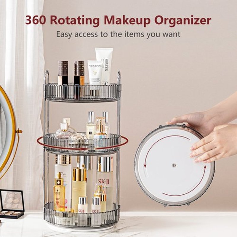 INVSSENE 360° Rotating Makeup Organizer, Bathroom Make Up Spinning Holder Rack, Large Capacity Cosmetics Storage Vanity Shelf Countertop, Fits Cosmetics, Perfume, Skincare, Lipsticks(3 Tiers, Gray)