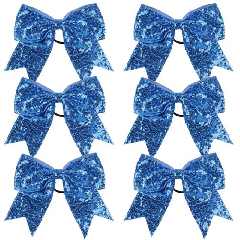 Metallic Holographic 8 Inch Jumbo Cheerleader Hair Bow with Hair Tie for School (Sky Blue Sequin)