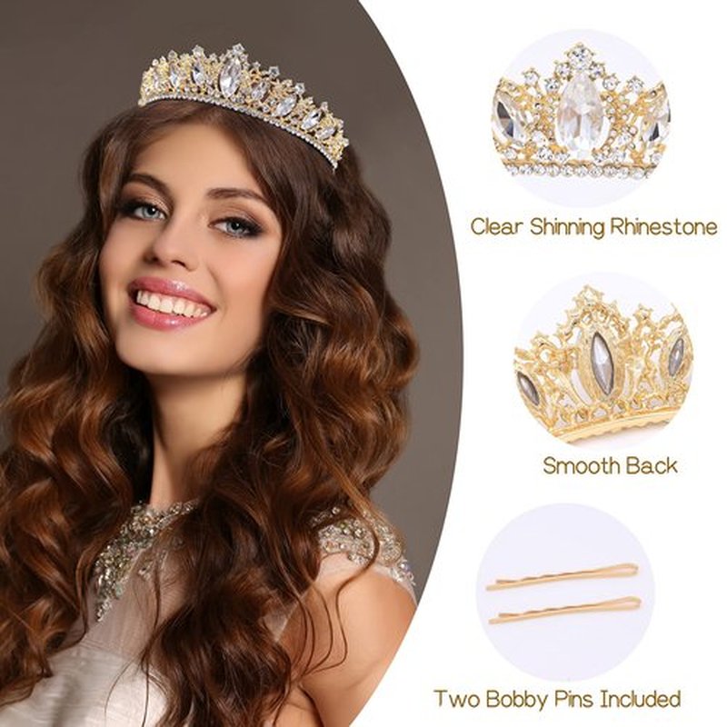 Oriamour Glamorous Crystal-Studded Wedding Crown with Leafy Accents and Combs (Gold, Normal)