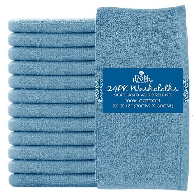 DAN RIVER 100% Cotton Washcloths 24 Pack Premium Quality Face and Body Cloth, Quick Dry Essential Towels for Bathroom, Hand, Kitchen & Cleaning, Baby Washcloths | 12X12 in | 400 GSM | Blue