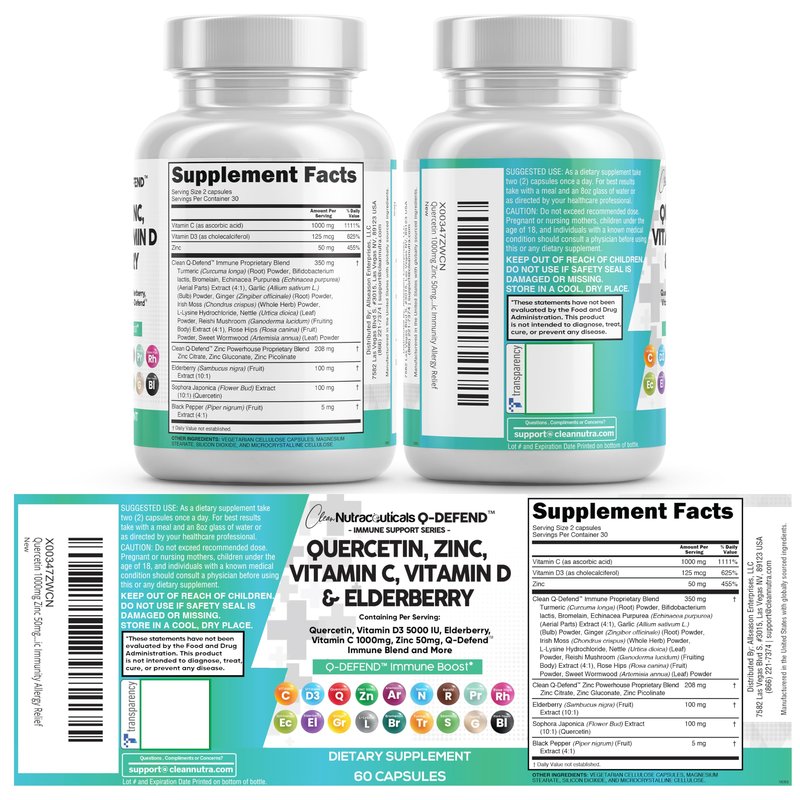 Q Defend Quercetin Supplement with Zinc Vitamin C Vitamin D Elderberry Turmeric Black Pepper Garlic Ginger Sea Moss Lysine Stinging Nettle Reishi Mushroom Immune Support 60 Capsules by Clean Nutra